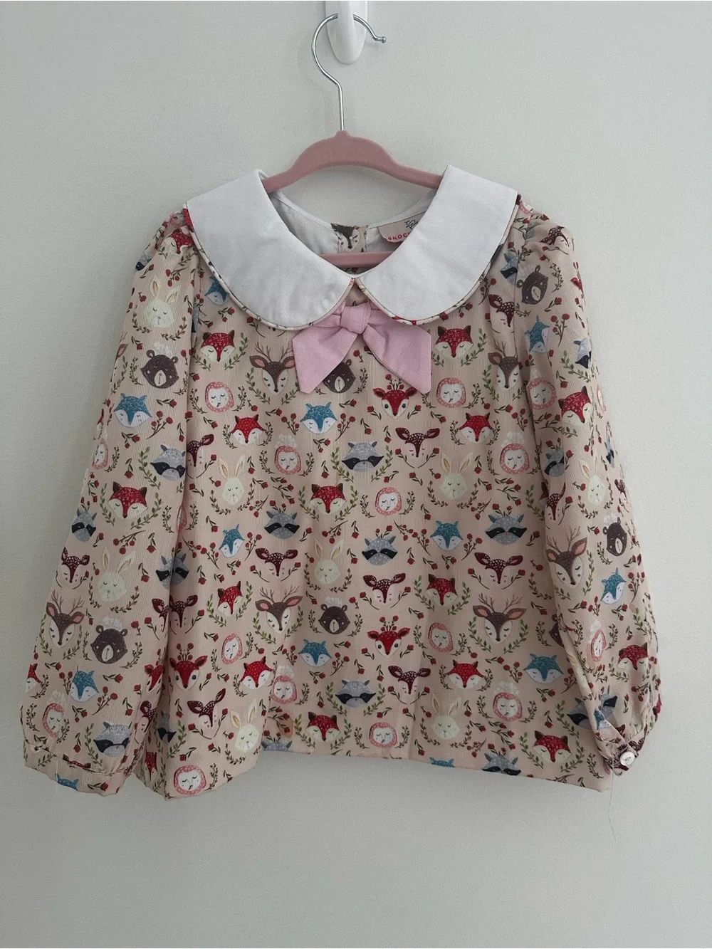 Smockingbird Girls Woodland Animal Print Peter Pan Collar Top with Pink Bow